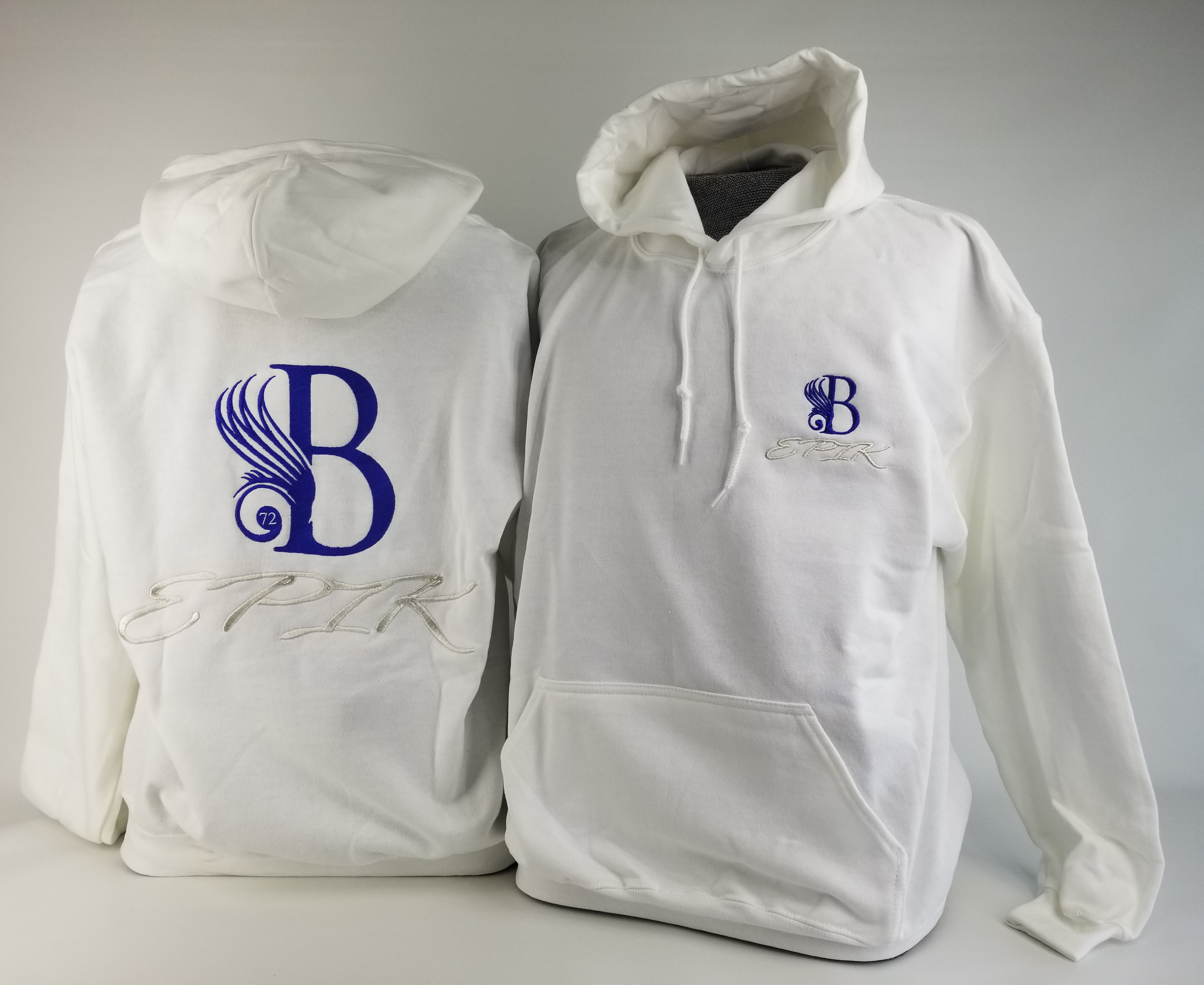 B EPIK HOODIE White, Blue, Silver (50/50 Cotton/Polyester blend)
