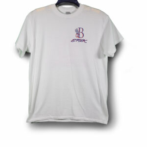 B EPIK T-SHIRT WHITE, BLUE/RED FRONT LOGO ONLY (50/50 COTTON/POLYESTER BLEND)