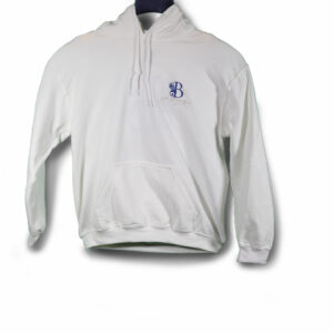 B EPIK HOODIE WHITE, BLUE/SILVER FRONT LOGO ONLY (50/50 COTTON/POLYESTER BLEND)